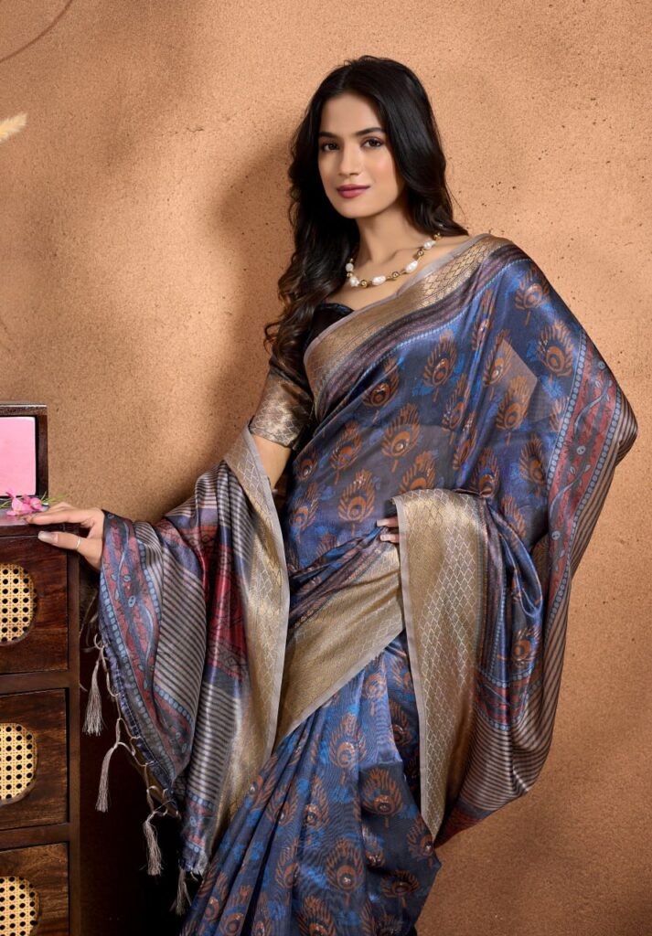 Elegant blue printed saree for women