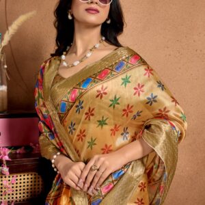 Golden Soft Silk Blend Saree with Multicolor Floral & Geometric Weave