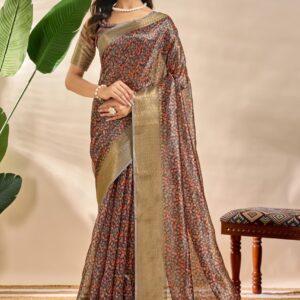 Elegant Soft Silk Blend Saree with Floral Print and Zari Border